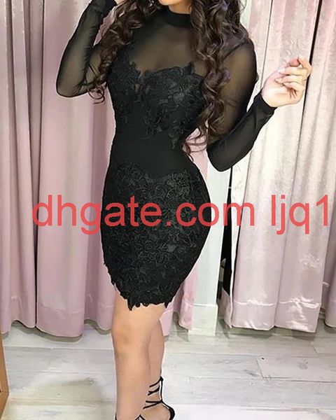 

2019 new fashion lace v-neck perspective backless slim suspender dress, Black;gray