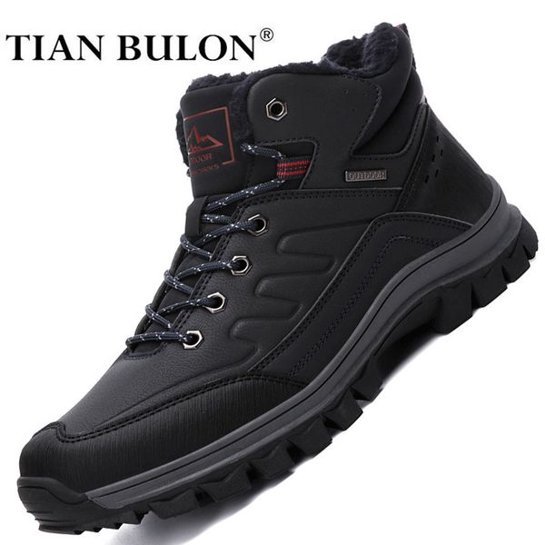 

leather winter men boots waterproof warm fur snow boots men outdoor winter work casual shoes military combat ankle boots hiking 201023, Black