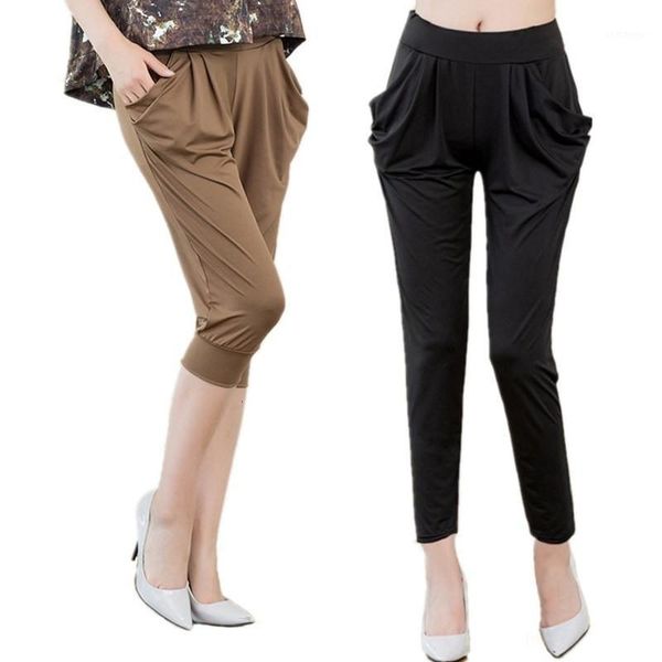 

summer 2019 women capris pants elastic waist solid color harem pants casual loose high waist trousers1, Black;white