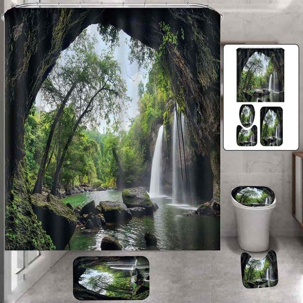 Cachoeira 3D vista floresta paisagem banheiro conjunto impermeável fibra cortina de chuveiro anti-deslizamento matador esteira conjunto toalete assento tapete 201030