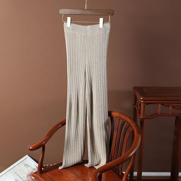 

women trousers pure cotton wool gold and silver silk elastic high waist knitted wide leg pants pit texture floor length, Black;white