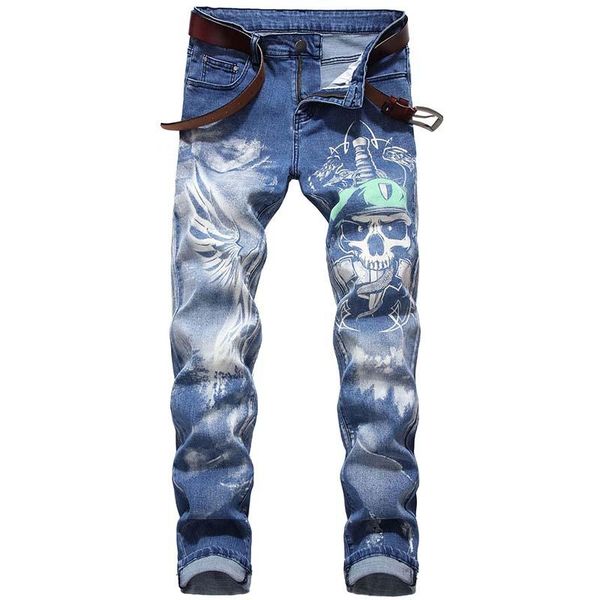 

men's jeans fashion hip hop jean 3d skull printed denim trousers male streetwear pants stretch, Blue