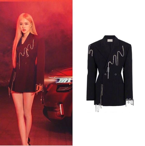

women's suits & blazers kpop seo yea ji rose 2021 female casual black coat solid rhinestone tassel long sleeve jacket women suit fashio, White;black