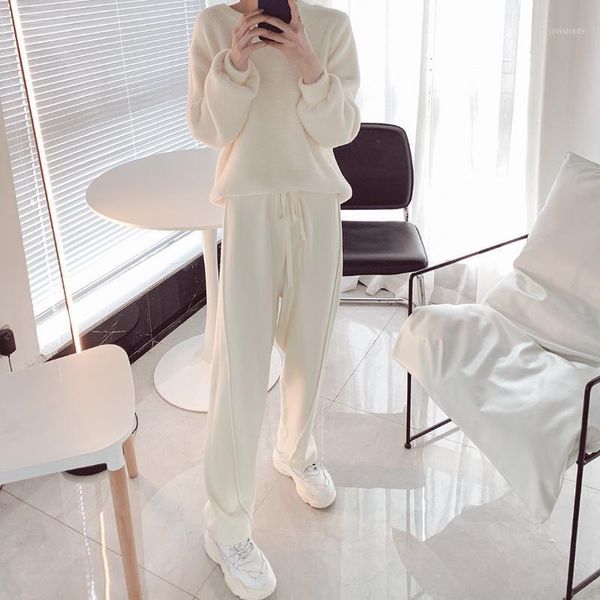 

women's pants & capris knitted trousers women's wide leg white high waist drape autumn winter thick fur loose straight-leg pants1, Black;white