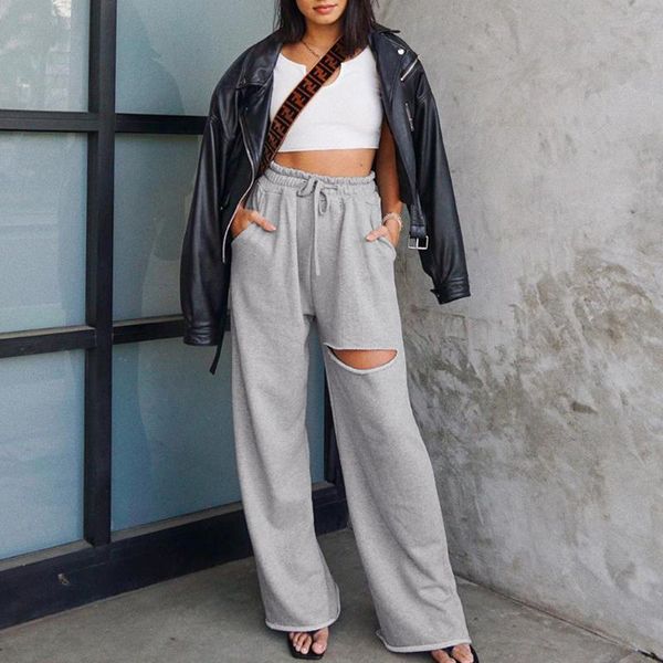 

женщины высокой талией hole штаны осень уличная wide leg pant женский повседневный сыпучие длинные брюки зима эластичный пояс серый pant, Black;white