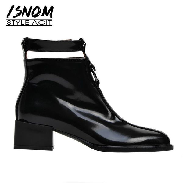 

isnom patent leather med heels women boots pointed toe footwear rivet motorcycle female boot ankle strap shoes woman 2021 spring, Black