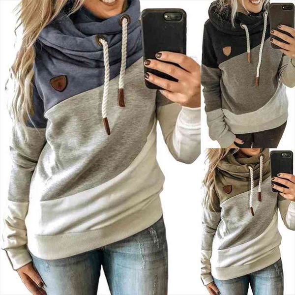 

women autumn winter sports stitching color hoodie cotton blend long sleeve sweatshirt pullover, Black