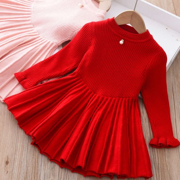 

girls' autumn and winter sweater drs pleated korean princs new year's knitted skirt, Red;yellow