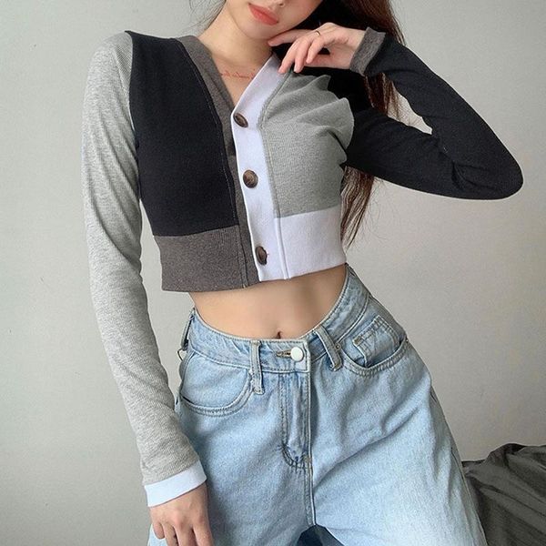 

laamei ribbed knitted cardigan women autumn long sleeve cropped sweaters fashion patchwork crop girls short jumper, White
