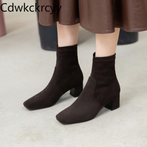 

winter the new fashion square head short tube stovepipe boots black beige brown elasticity high heels women boots 34-43