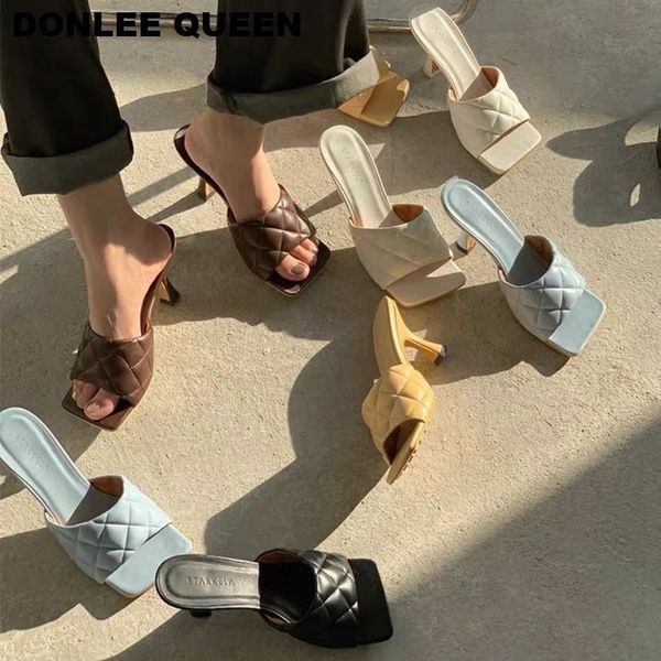 

fashion square peep toe high heel slippers women summer slip on thin heels 7cm slides embroidery elegant women mules brand shoes y200423, Black