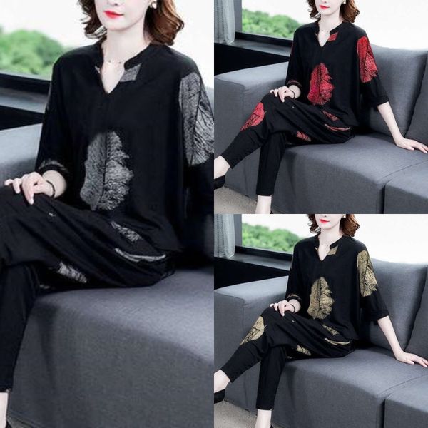 

uljkj young mother's young dressw style harlem pantstwo piece suitmiddle-aged womanbroad wifeshort sleeve suit summer mother's sum, Gray