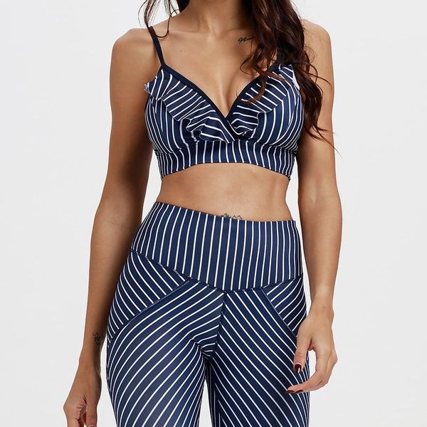 

stripe print women seamless yoga set ruffle running sportswear fitness tant sports suit gym yoga suit 2021 workout set, White;red