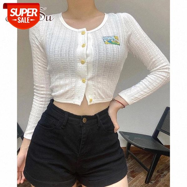 

artsu knitted long sleeve t-shirts single breasted striped cartoon cute white crop shirt femme fashion autumn ts52319 #m97n