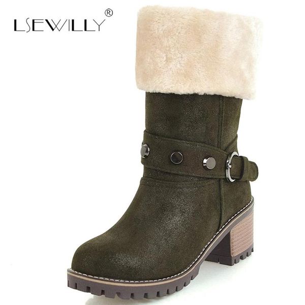 

lsewilly brand women's winter shoes warm mid calf boots women boots fur snow female rivet botas feminina footwear bota e50, Black