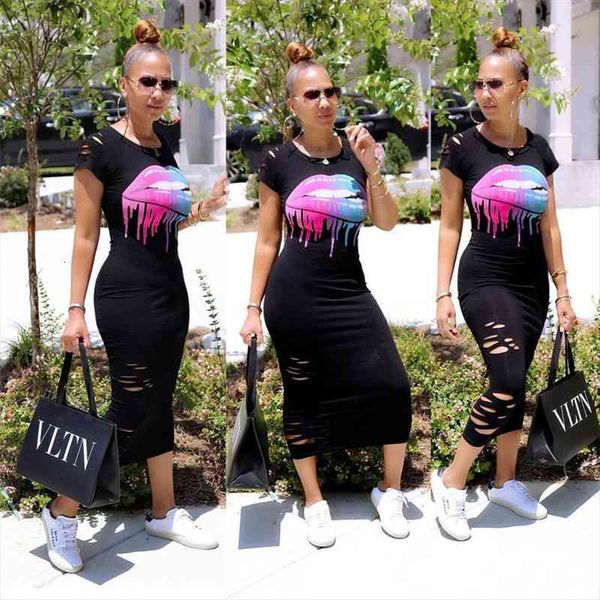 

summer solid round neck bodycon midi dress women casual slim lips printing hollow dress fashion street outfits vestidos, Black;gray