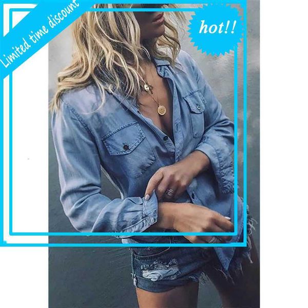 

new women slim vest pocket revers single-breasted shirts long mouwen all-tours denim shirt streetwear, White