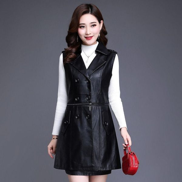 

women's leather & faux mid-length women vest coat 2021 autumn and winter fashion clothing sleeveless jacket black