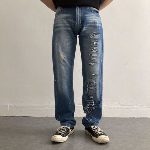

mens palm jeans letter printing slim-fit straight-leg jean stripe fashionable embroidery palmss denim pant, Blue