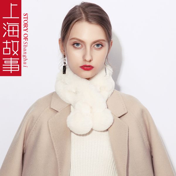 

imitation rex real girl winter plush small neck fur cross furry wrasse lazy rabbit hair short scarf, Blue;gray