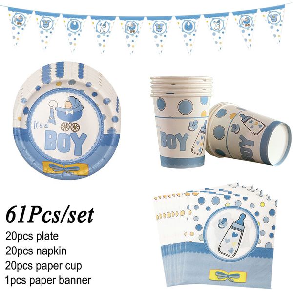 

61pcs/set tableware sets paper plate cup birthday party girl boy baby shower decoration favors gender reveal