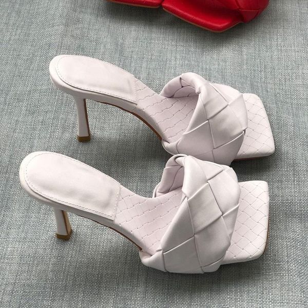 

slippers 2021 fashion square toe weave high heels shoes women leather luxury designer ladies street beach sandals slides, Black