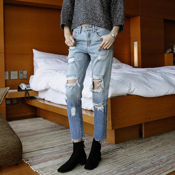 

pierced jeans women's 2021 autumn new korean high waisted loose and thin versatile straight pants light color capris, Blue