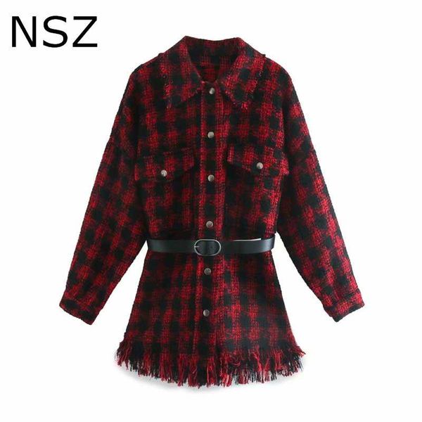 

women's jackets nsz women red houndstooth oversized tweed jacket fall fashion plaid wool blend coat belted tassel checked outerwear cha, Black;brown