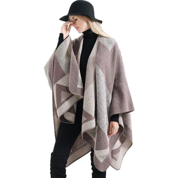

mingjiebihuo new fashion autumn and winter women's fashion geometric pattern shawl warm thick large size girls loose poncho, Blue;gray