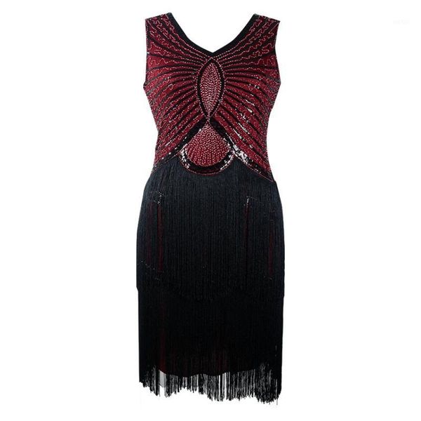 

black v-neck long sleeveless tassel 1920s great gabsty latin dance dress flapper girls sequins fringe dresses pluse size1, Black;red