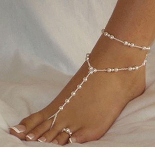 

1 комплект пляж имитация жемчужина босиком сандалии песчаная цепь мода жемчужный браслет женские браслеты лодыжки нога wmtbej, Silver