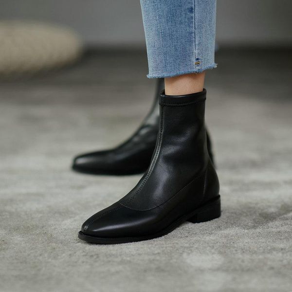 

boots fashion round toe low heels women ankle autumn winter genuine leather party basic shoes woman, Black