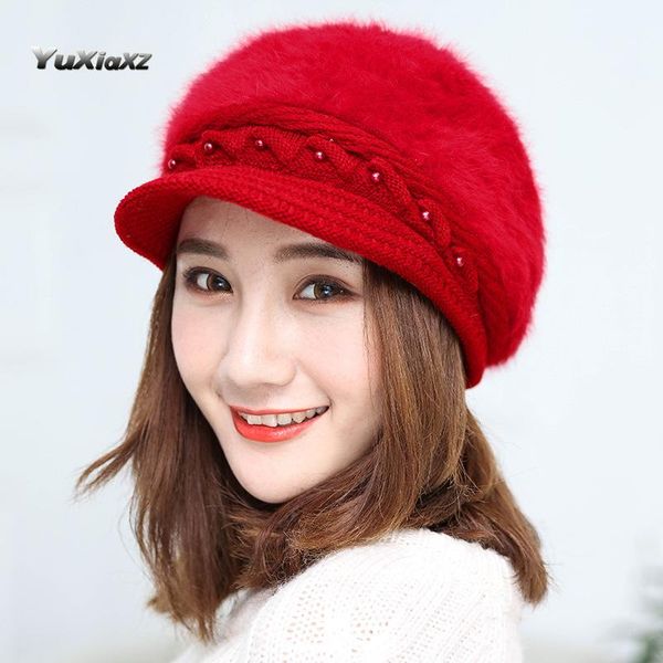 

winter new ladies pearl eyelid fur hat pure color beret winter knitted woolen cap hats for women, Blue;gray