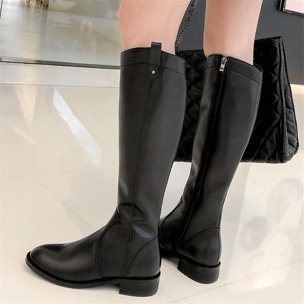 

pxelena split leather 2021 spring autumn winter knight riding motorcycle biker army knee high boots low heels shoes 40, Black