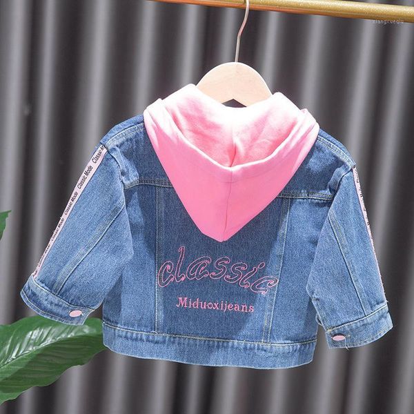 

girls hooded jeans coat 2021 new style chun qiu zhuang children korean-style childrenswear baby short western style 1, Blue;gray