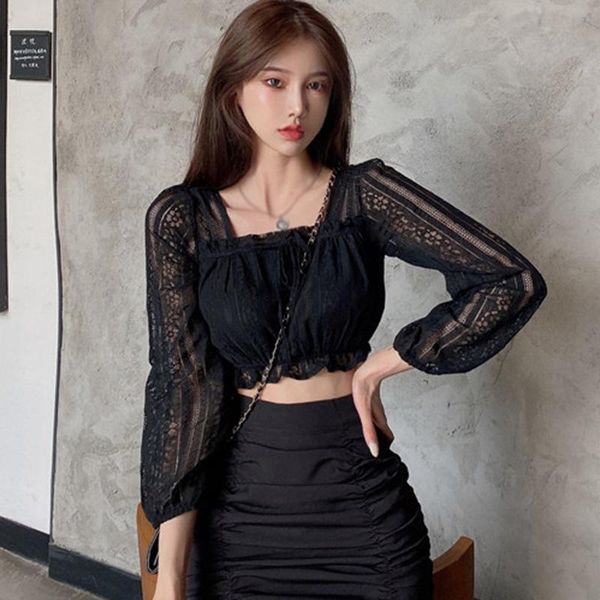

women's blouses & shirts exposed navel lace blouse korean fashion long sleeve women solid color square collar shirt, White