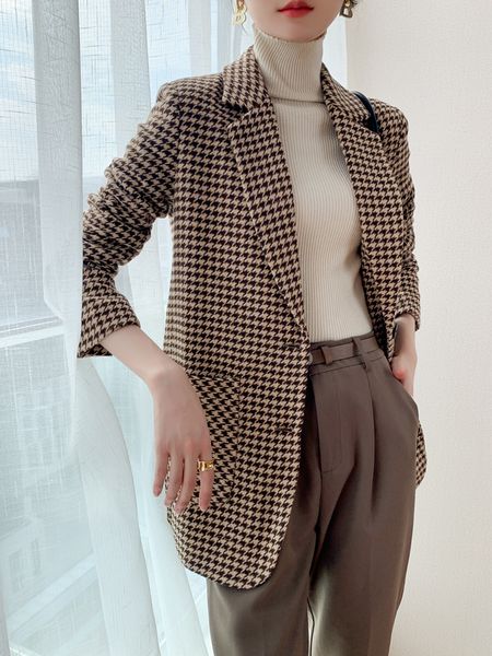 

2021 new retro houndstooth small suit jacket 2021 spring new temperament korean thick woolen cloth ladies 8bja, White;black