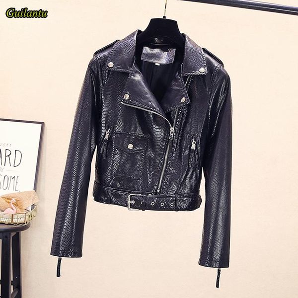 

women's leather & faux guilantu 2021 pu motorcycle biker jacket women spring autumn turn-down collar zipper punk streetwear coat female, Black