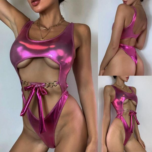

beach bikini hollow chain one-piece swimsuit sleeveless swimsuit female personality women's fashion steel bra gathered, White;black