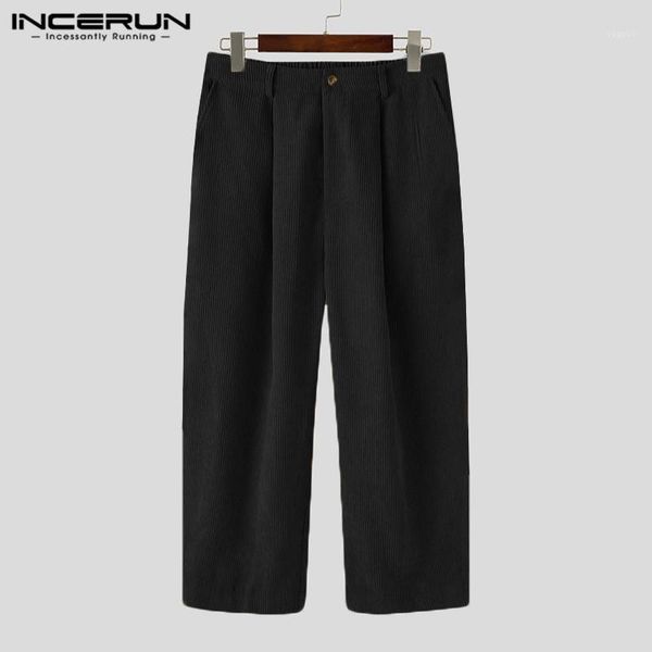 

incerun 2021 men corduroy pants solid color joggers button vintage casual straight pants streetwear leisure pantalones hombre1, Black