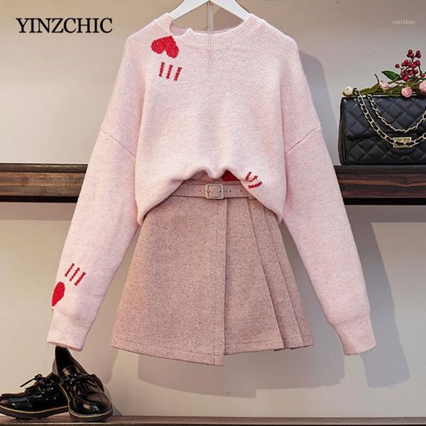 

new autumn woman two-pieces set loose sweater + woolen skirts set for woman female casual warm suits winter1, White