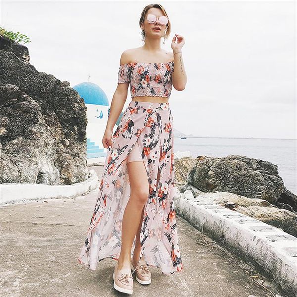 

shorts pullover female long floral clothing summer 2020 dress women piece elastic beach two set print strapless sets, Gray