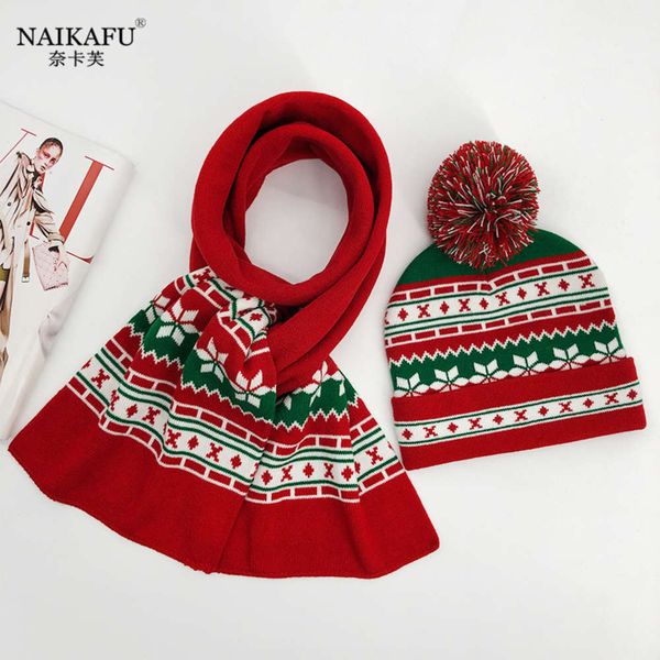 

autumn winter new knitted hat with hanging ball and flanging lovely parent child christmas scarf set, Red;brown