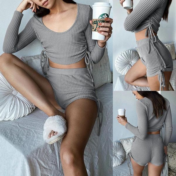 

grey solid color round neck drawing crop elastic waist shorts two pieces women sets winter crop and shorts, Gray