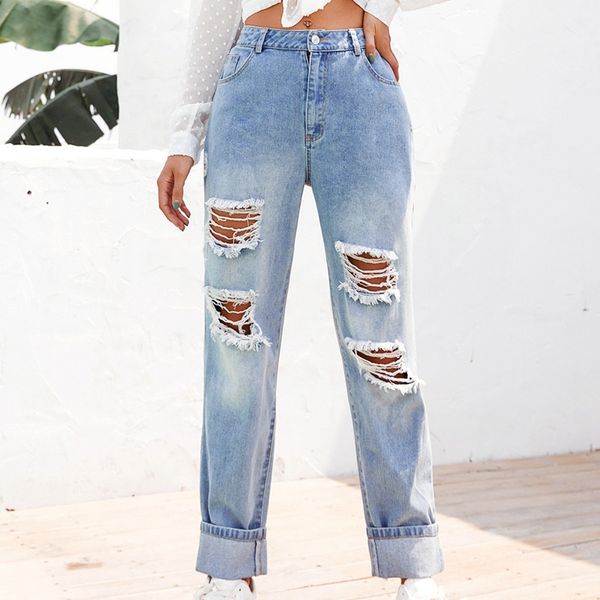 

wash отбеливание женский рваные джинсы женские повседневные брюки карандаш мама джинсы высокая талия denim тощий l, Blue