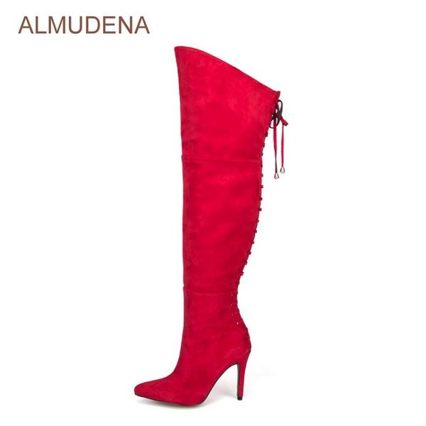 

almudena women glamorous red suede over-the-knee boots pointed toe party dress shoes back lace-up fastening thigh high boot, Black