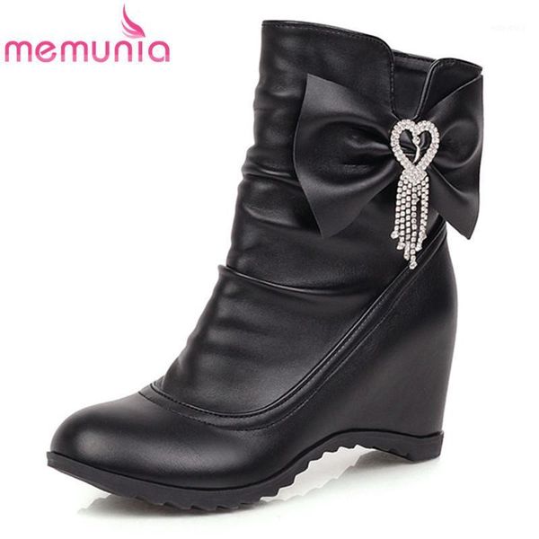 

memunia 2020 new arrive ankle boots women round toe pu bowknot crystal autumn winter short boots comfortable wedges shoes woman1, Black