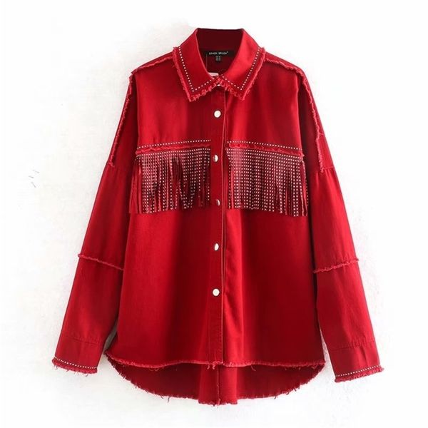 

red vintage shiny rhinestone fringed women's jacket lapel long sleeve single-breasted harajuku chic loose female denim coat y201001, Black;brown