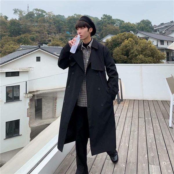 

2020 spring clothing men autumn clothing new style double breasted long coat large size trend overcoat relaxed casual men's wear, Tan;black