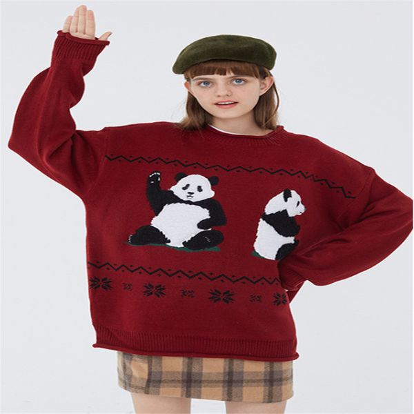 

2020 new fashion red and white color panda embroidery couple sweater men and women all-match korean autumn and winter cute sweater size -xl, White;black